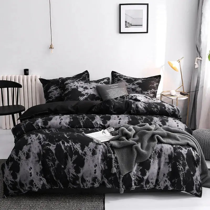 Duvet cover set, 3pc with pillowcases, black marble pattern, Simples Market