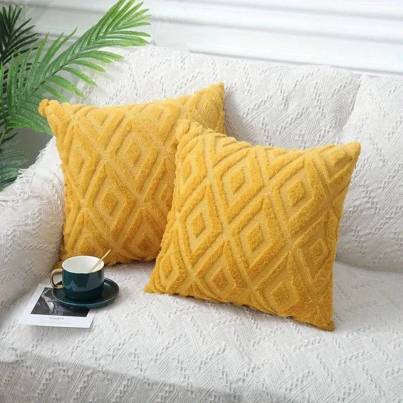 Throw pillows, mustard-yellow rhombus jacquard plush, set of 2 on white sofa