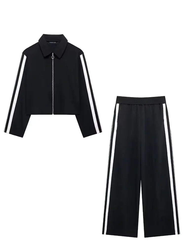 2024 New Women Patchwork Black White Baggy Pants Short Jacket Set