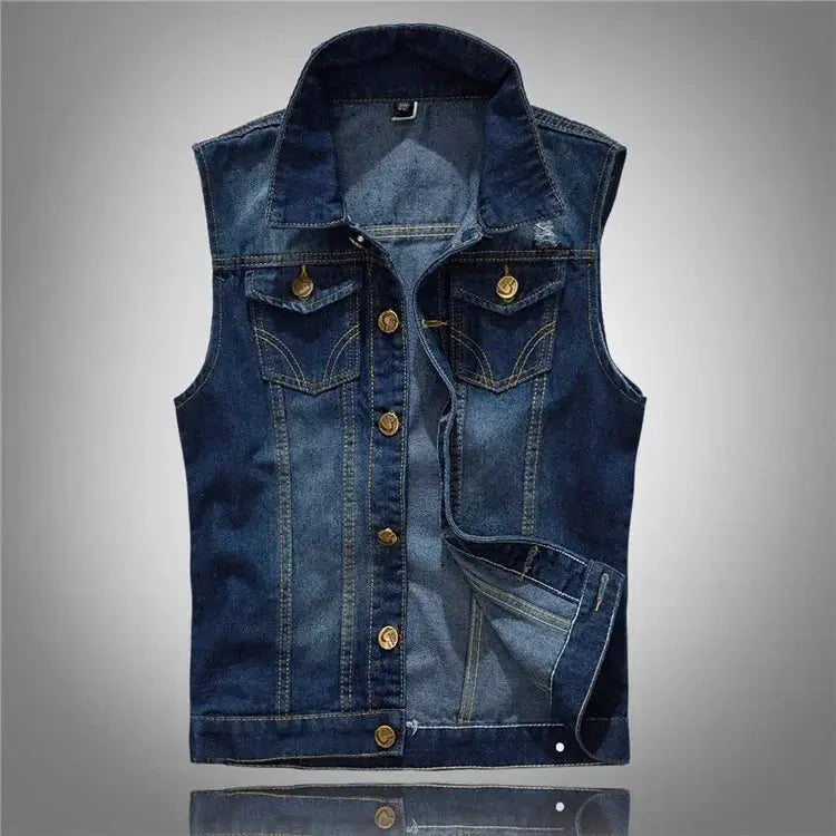 Simples Market men's blue denim sleeveless vest with gold-tone buttons