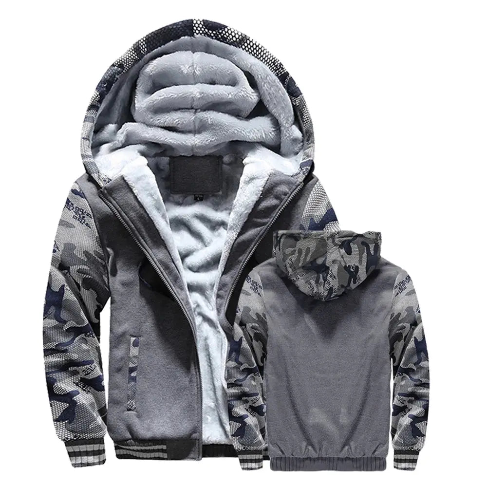 Winter jacket for men with thick fleece lining, hooded zip coat in gray camouflage sleeves by Simples Market