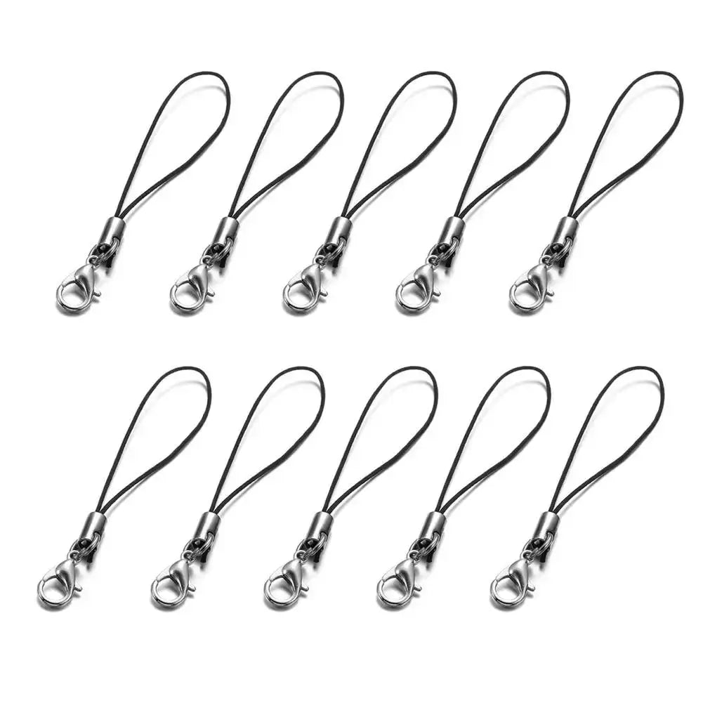 10 black strap lanyards with silver metal lobster clasps