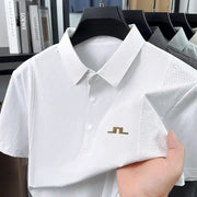 Men's white polo shirt with breathable mesh panels and gold Simples Market logo