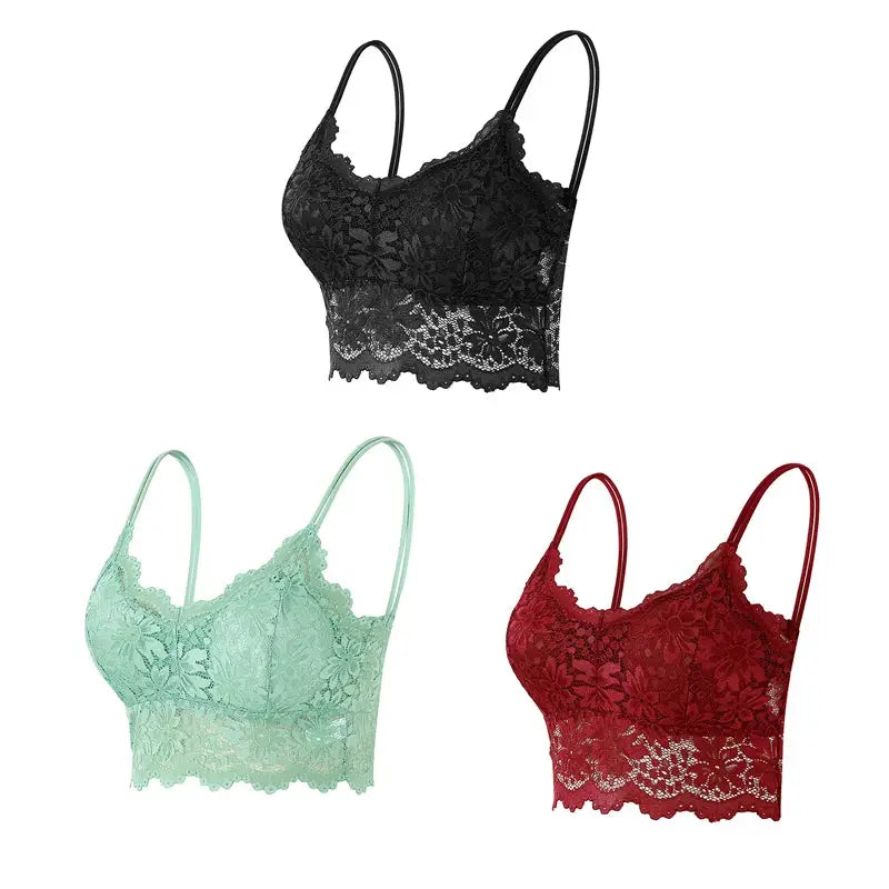 Simples Market 3-pack lace bralette set in black, mint, and red with floral hollow-out lace