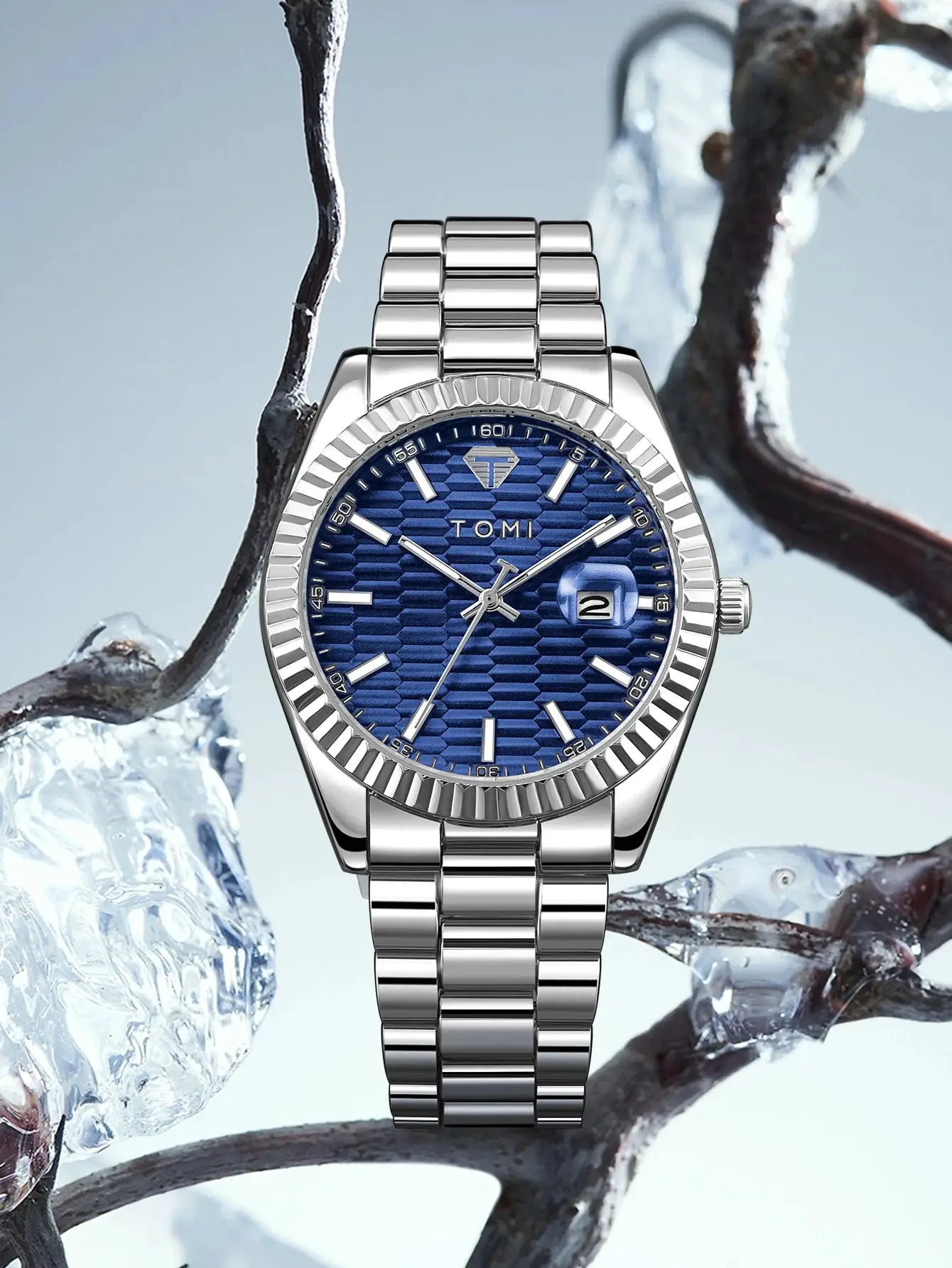 TOMI men's stainless steel watch with blue textured dial and date window