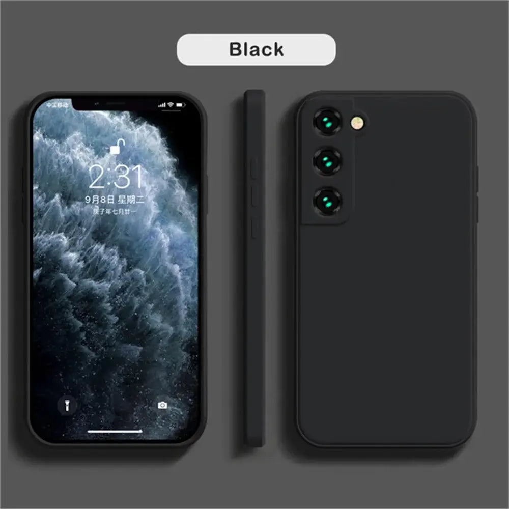 Simples Market luxury liquid silicone phone case in black for Samsung Galaxy smartphones.