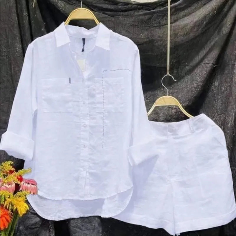 Cotton Linen White Long Sleeve Shirt And Shorts Set For Women