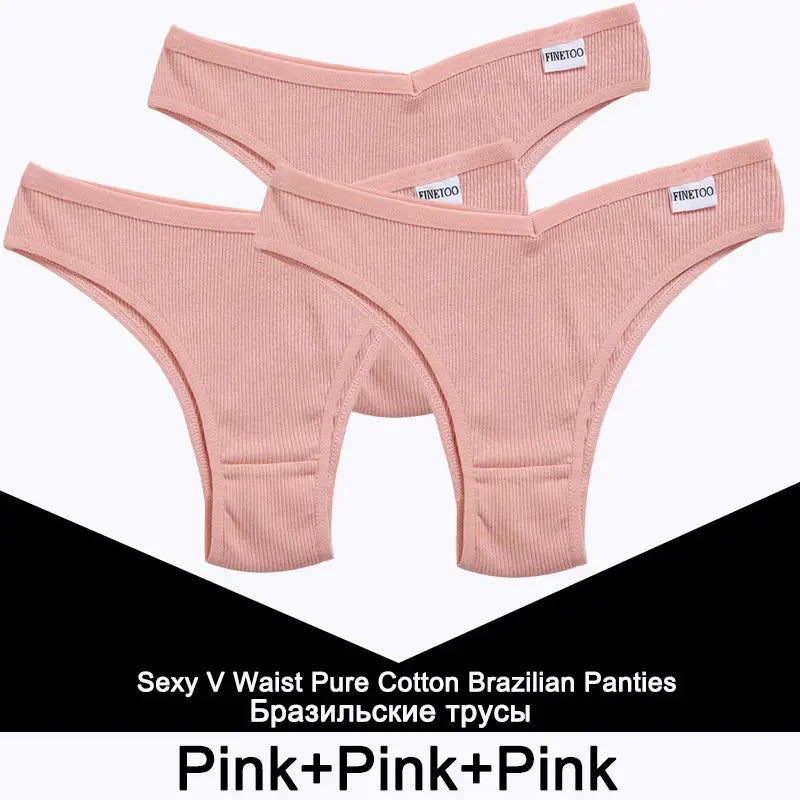 FINETOO three-pc pink cotton thong panties; low-rise Brazilian briefs