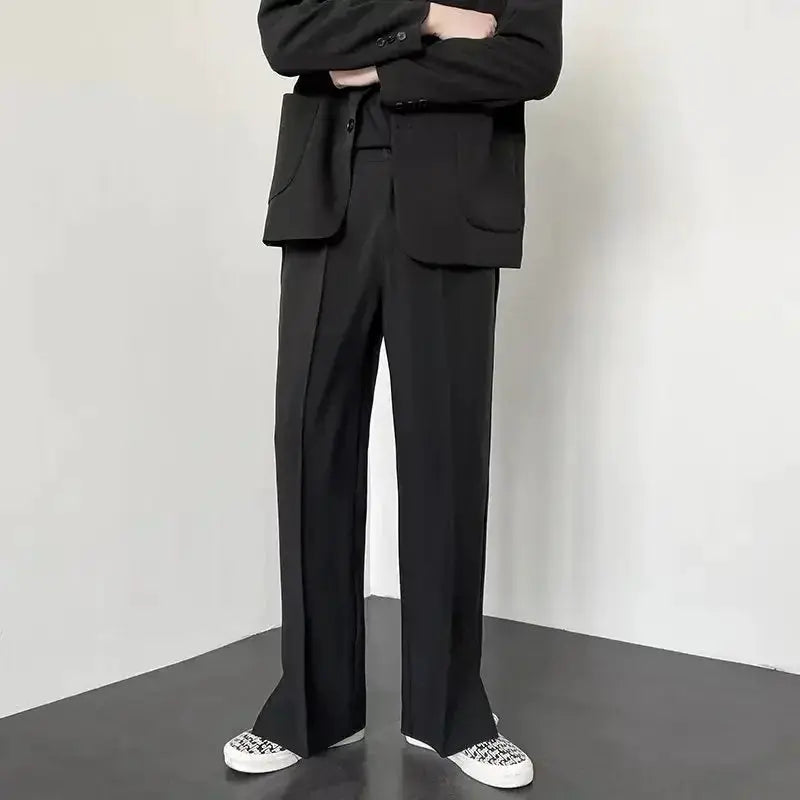 Men's straight baggy casual pants in black with wide-leg silhouette for formal streetwear