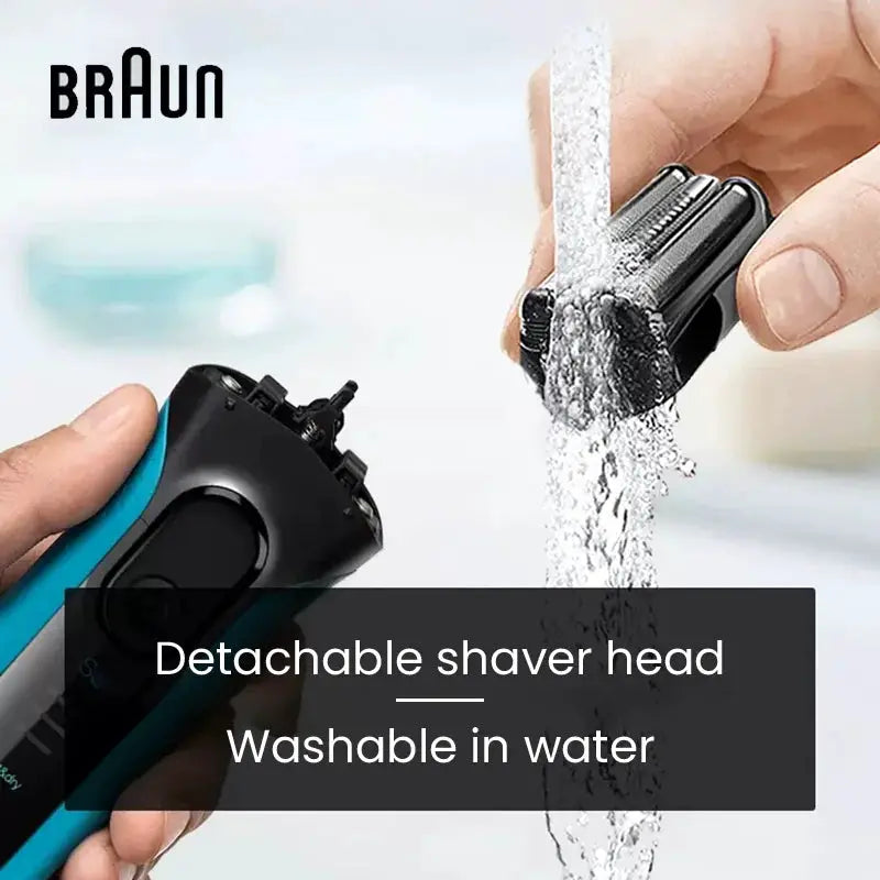 Braun electric shaver 3 Series ProSkin 3040S with detachable head, blue/black body, being rinsed under running water.
