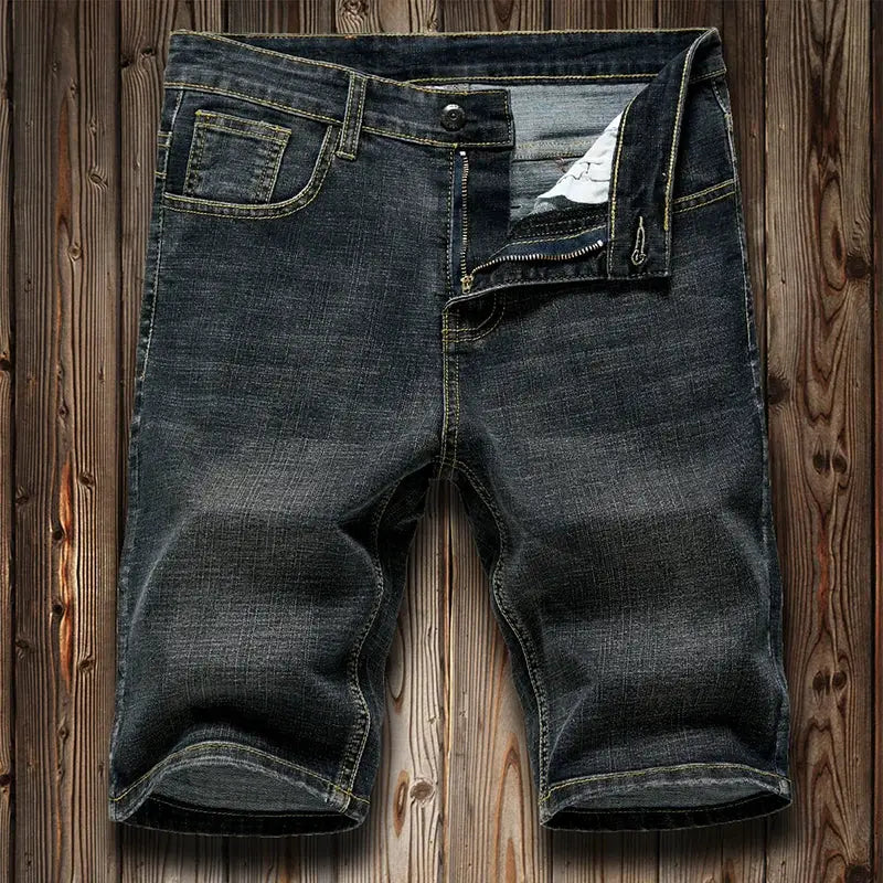 Men's denim shorts, slim fit dark blue stretch denim with yellow stitching