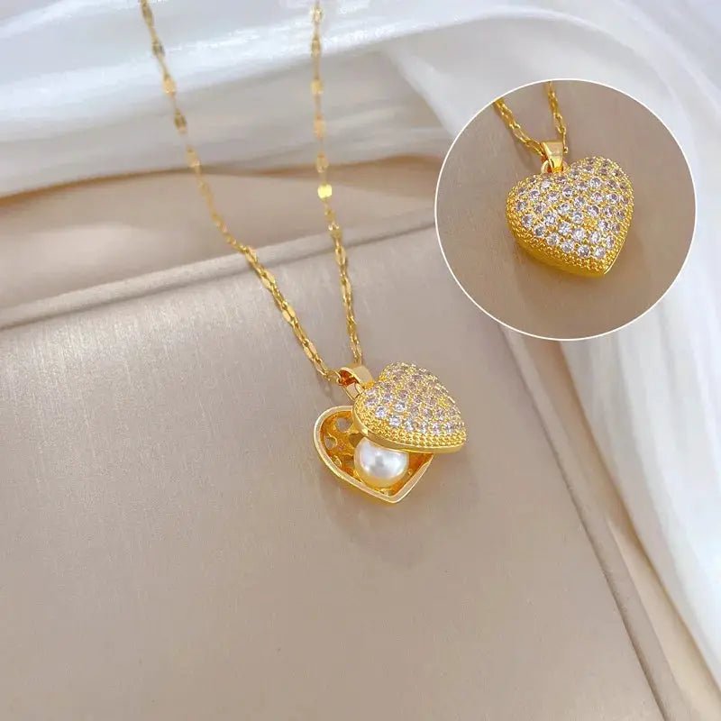 ZAKOL Korean Light Luxury Shell Pearl Necklace For Women Micro Inlaid Zircon Love Heart Moon Choker Wedding Jewelry - Simples Market