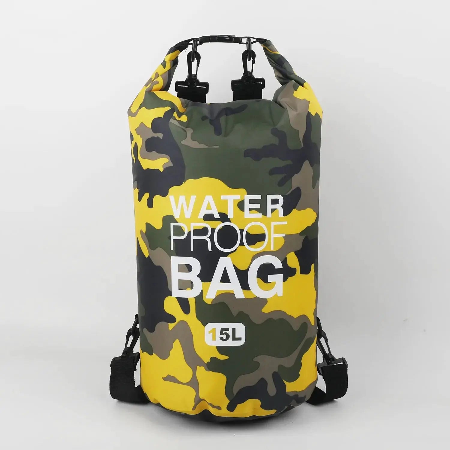 Waterproof dry bag with yellow-green camouflage print, 15L capacity, roll-top closure and carry handles