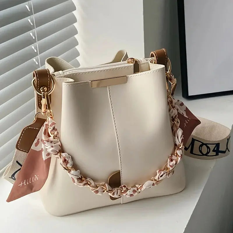 Simples Market cream bucket bag with ribbon chain handle, large-capacity crossbody bag