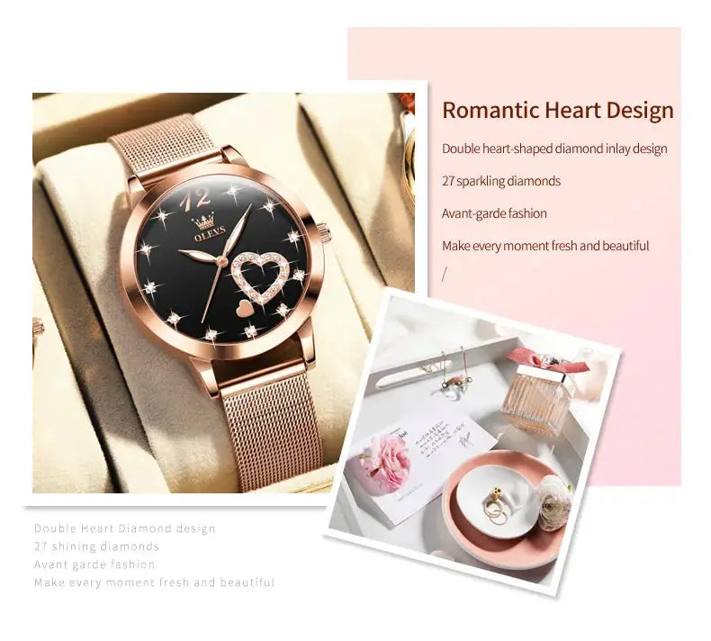OLEVS 5189 women's quartz watch with rose-gold mesh strap and heart diamond inlay dial