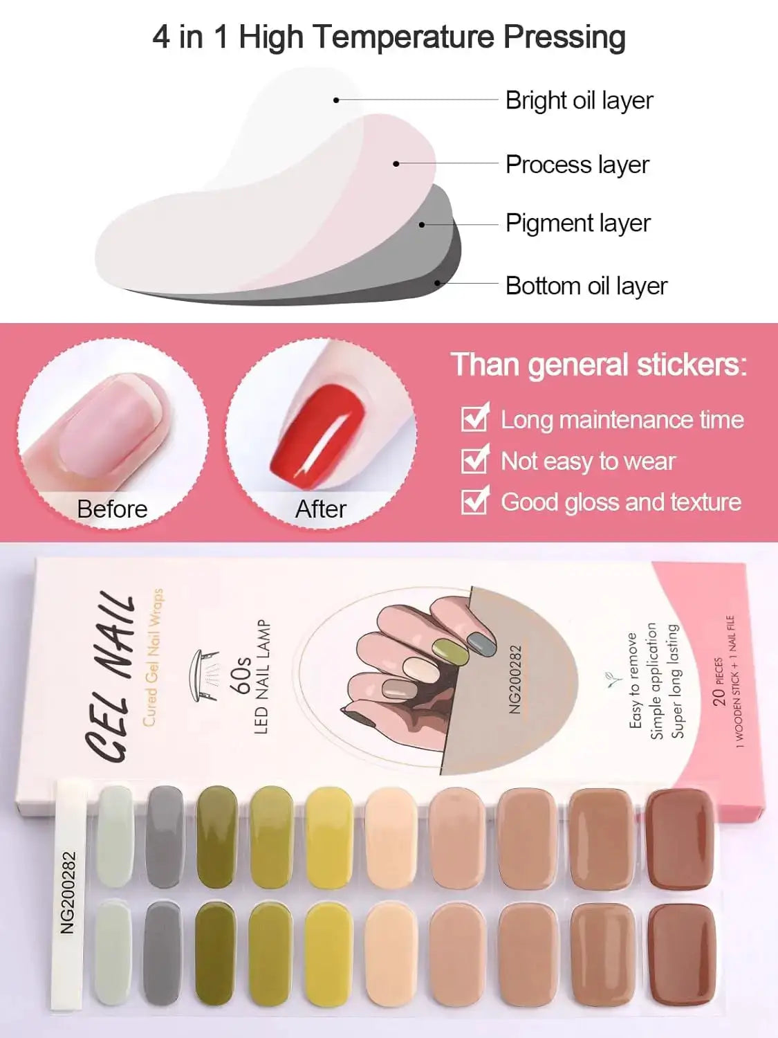 Simples Market gel nail wraps, 20-piece full-cover stickers in nude to pastel colors for DIY manicure