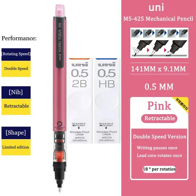 UNI Kurutoga M5-452 pink retractable mechanical pencil with 0.5mm lead, shows two lead boxes and pink packaging