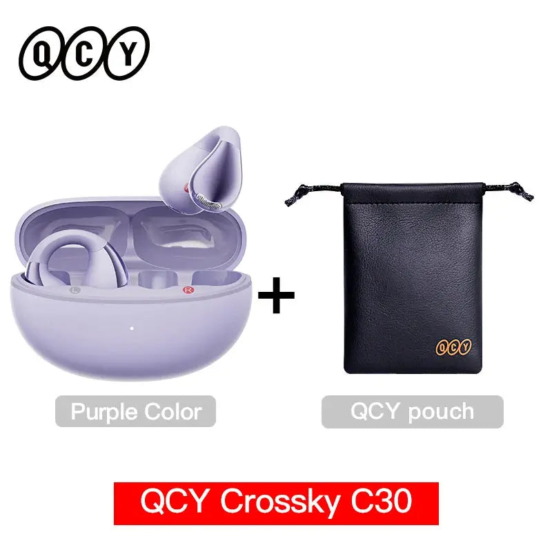 QCY Crossky C30 open-ear wireless earbuds in purple with carrying case and a black QCY pouch.