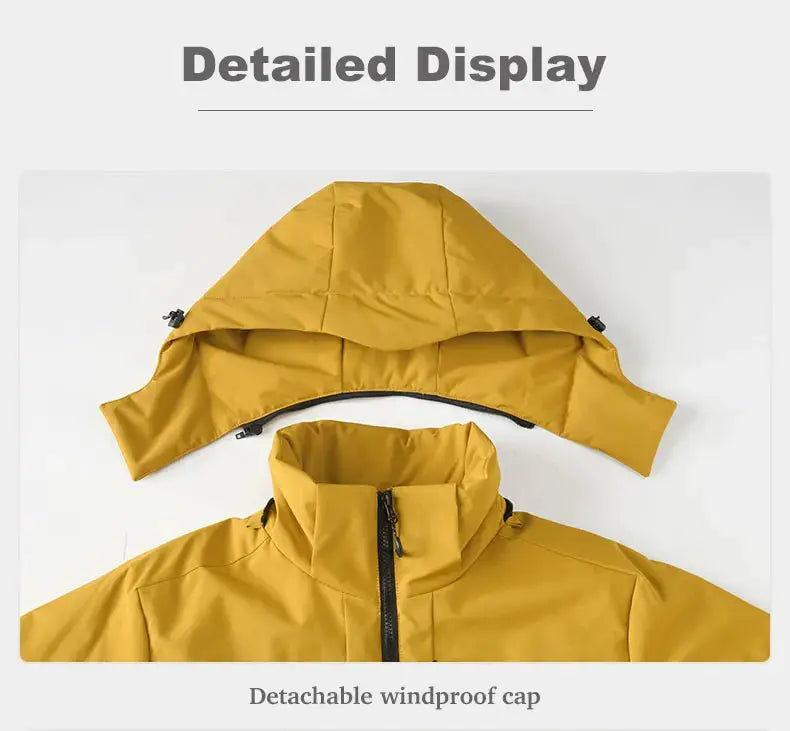 JNLN unisex yellow waterproof fleece windbreaker with detachable windproof hood