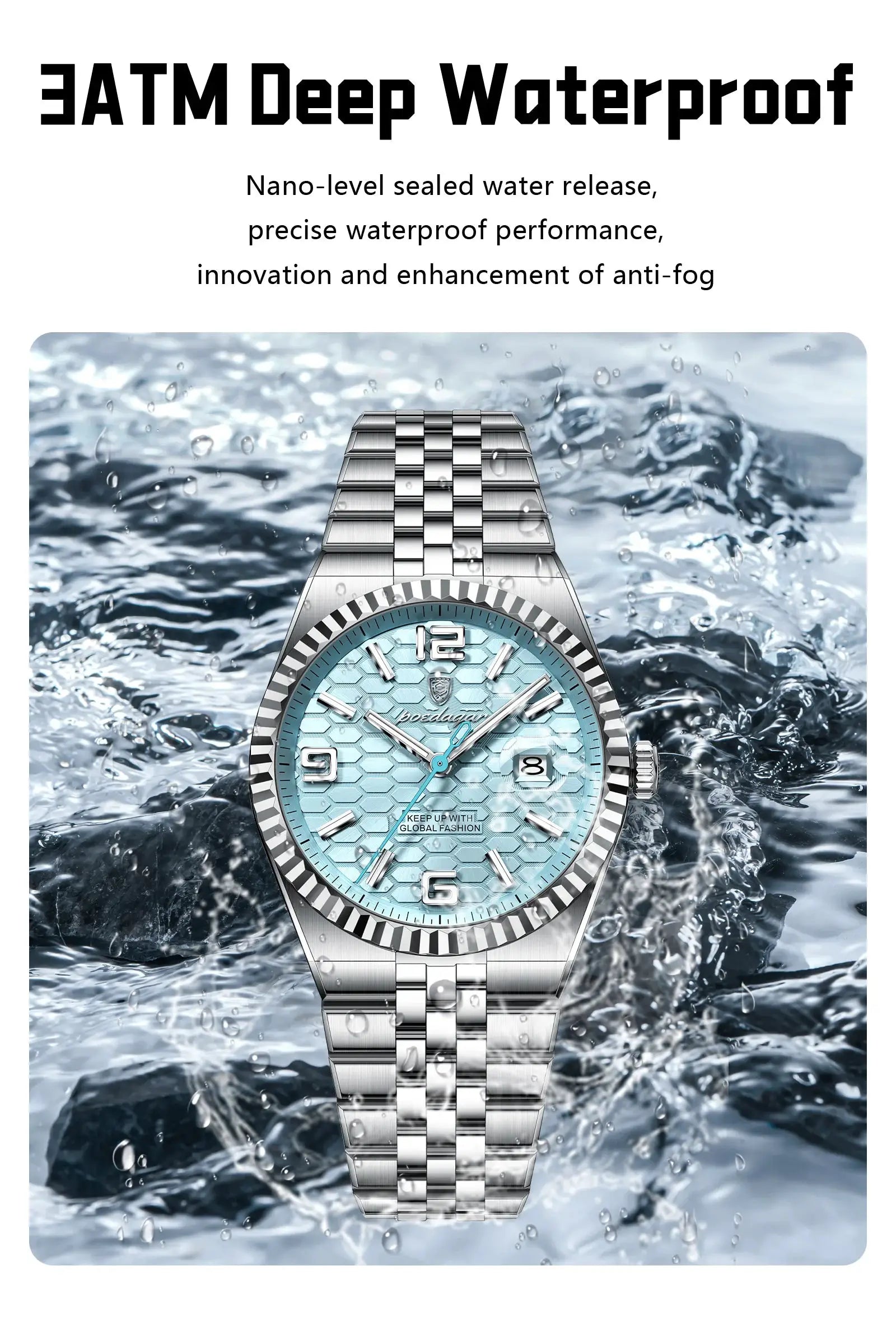 POEDAGAR men's stainless steel watch with blue dial, luminous hands and date window, waterproof