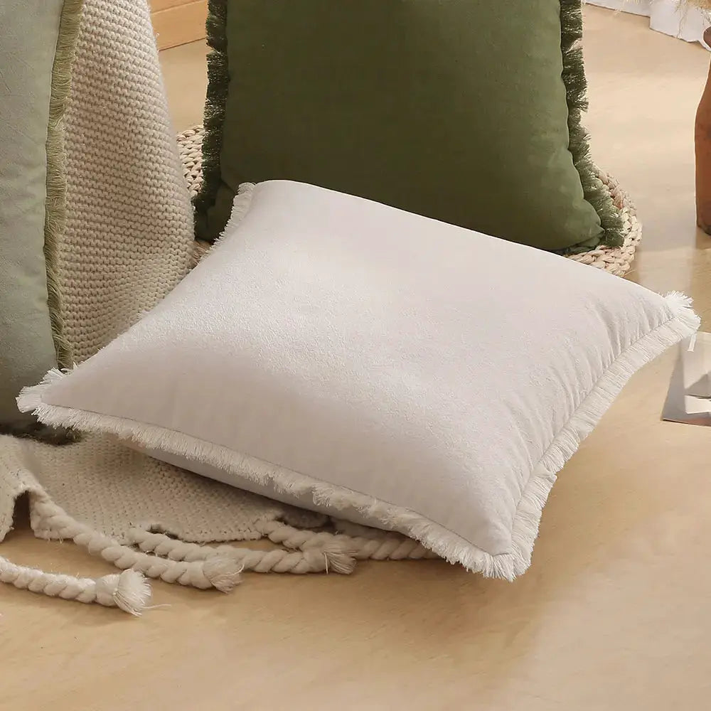 Boho throw pillow cover, white with fringe tassels, fits 30x50/45x45/50x50 cushions
