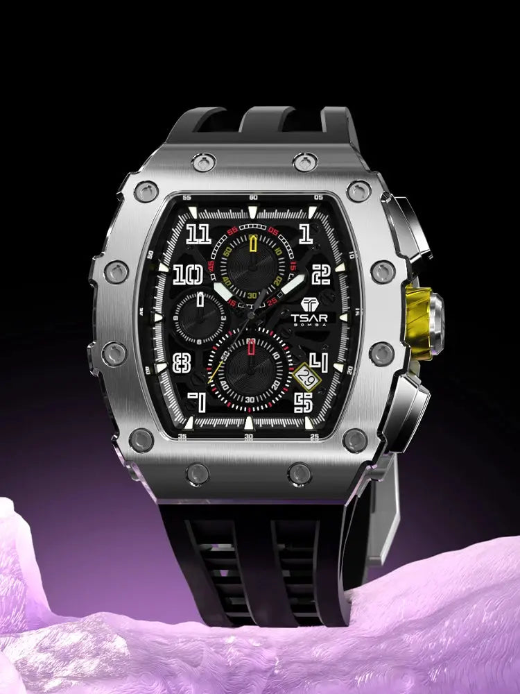 TSAR BOMBA men's stainless steel tonneau watch with black dial and chronograph subdials