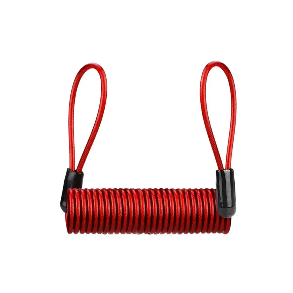 Red coiled cable lock with looped ends for motorcycle security