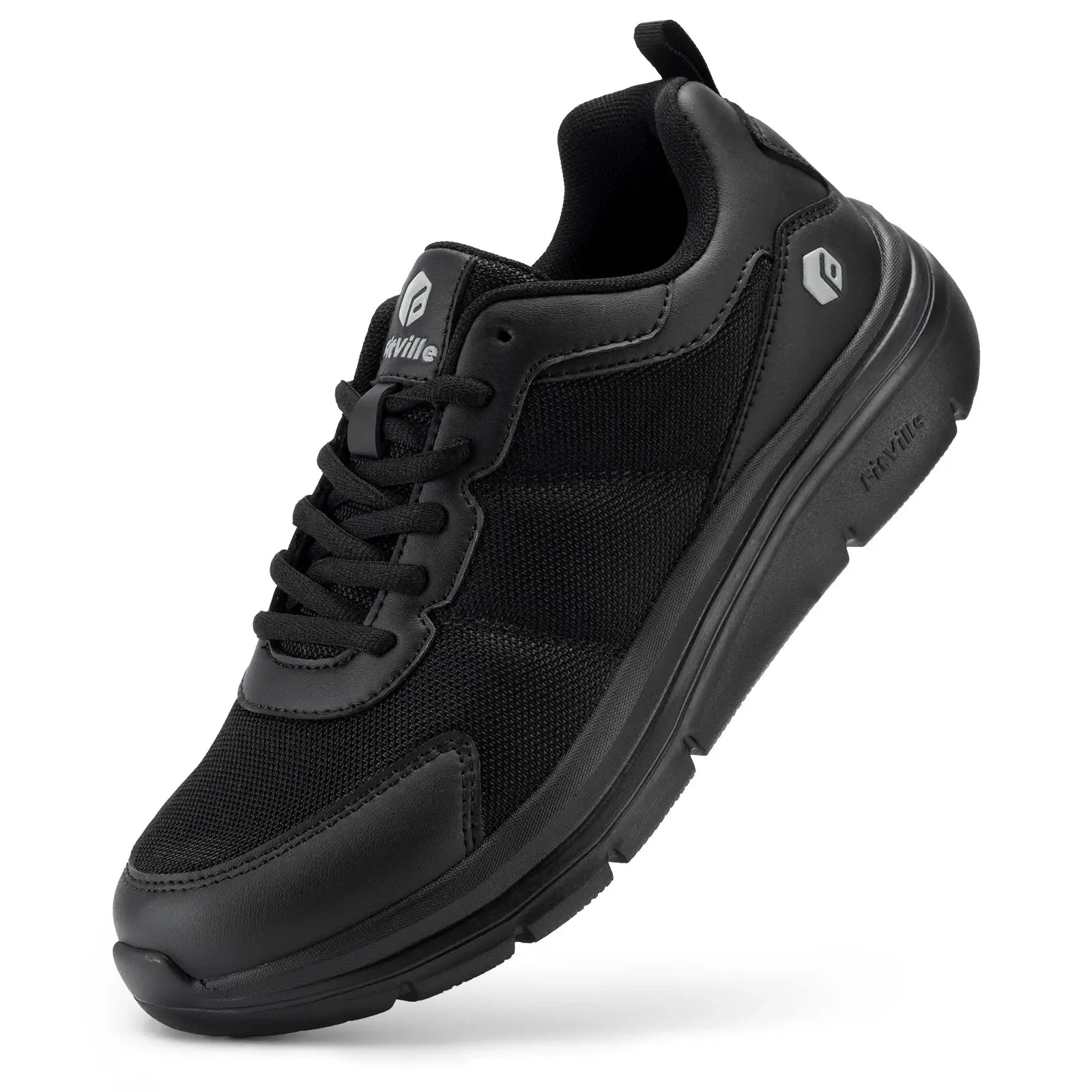 FitVille men's walking shoe by Simples Market, black lightweight sneaker with wide width and max cushioning