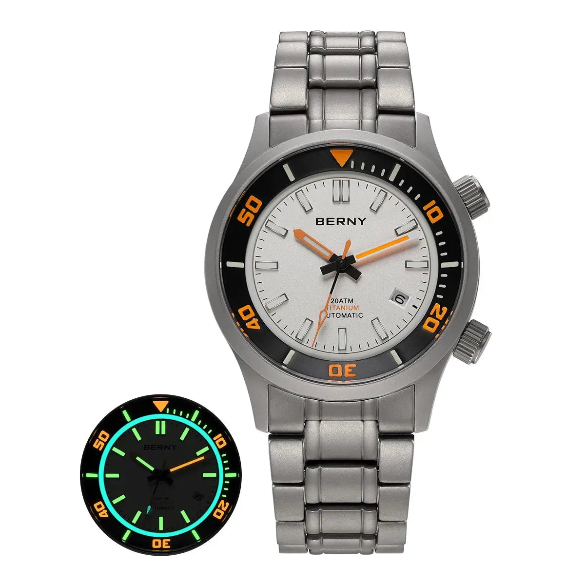 BERNY titanium automatic diver watch for men; silver bracelet, white dial with orange accents, 20ATM; two watches