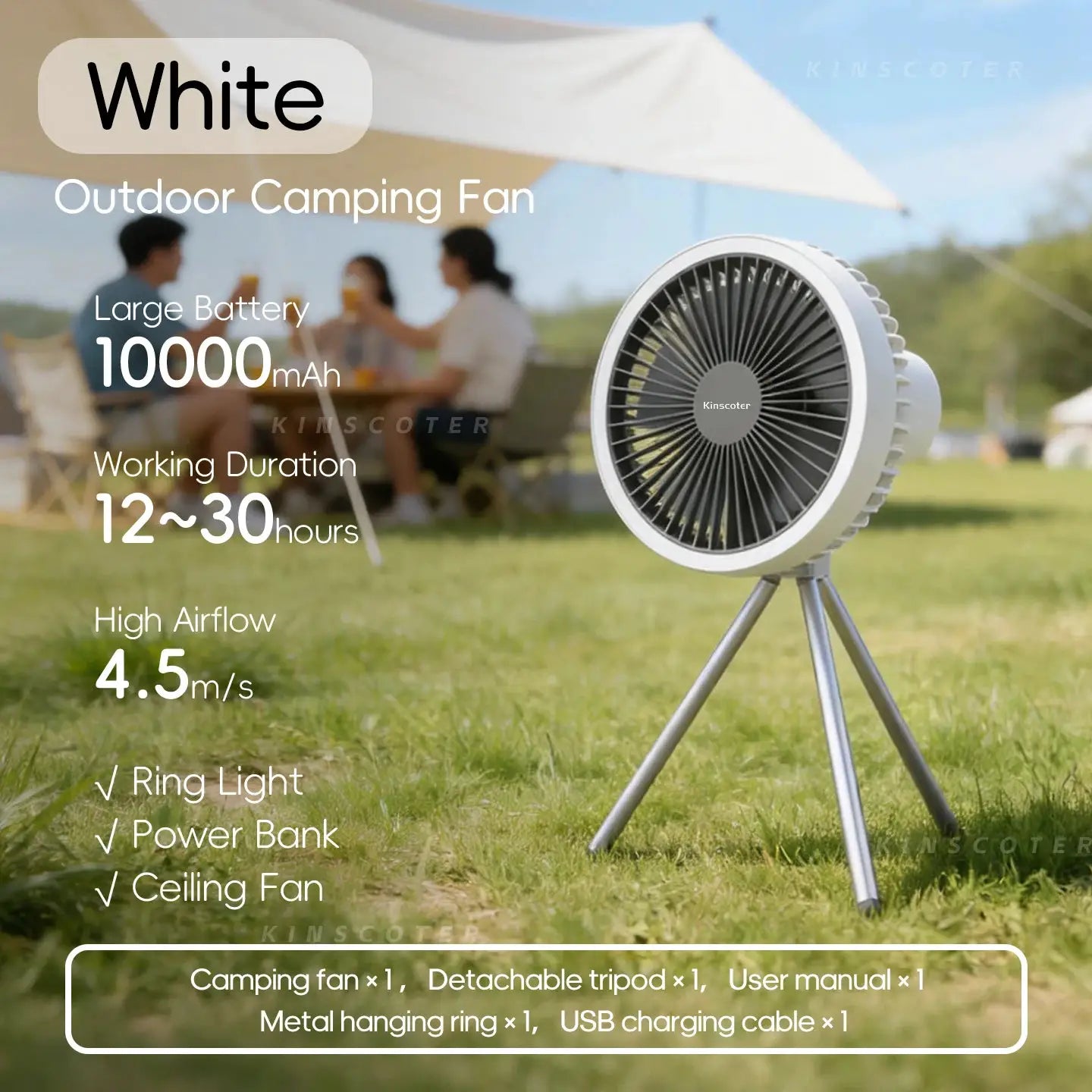 White outdoor camping fan with tripod and 10000mAh rechargeable battery power bank