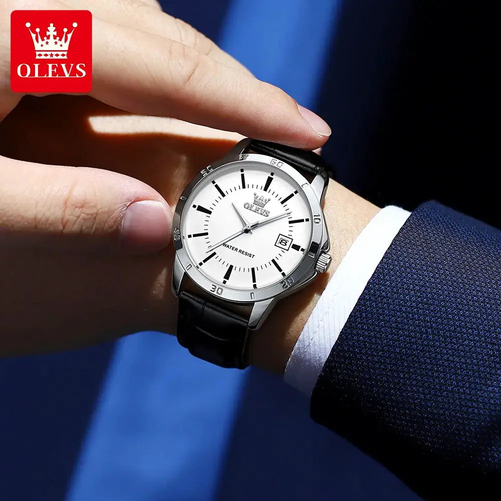 OLEVS men's dress wristwatch with white dial, silver case, black leather strap and date window