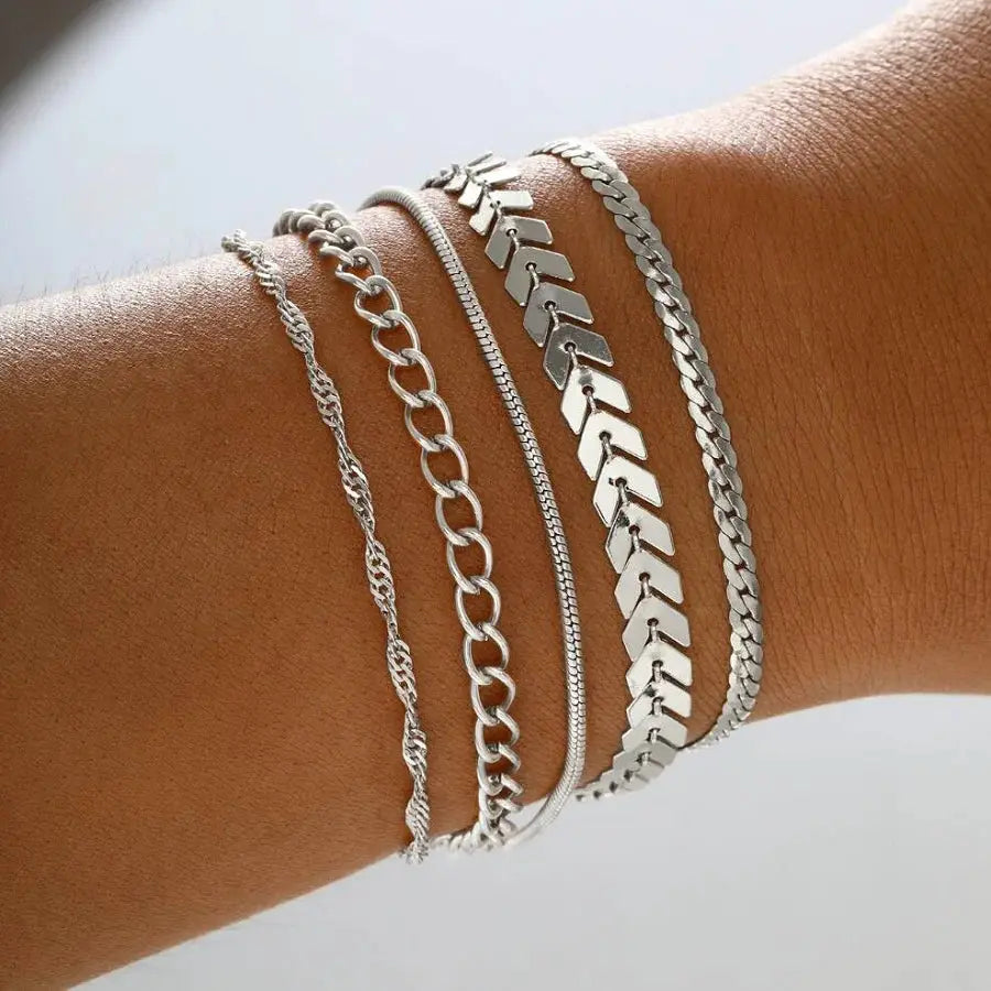 5 Or 15 Pcs Set Silver Chain Bead Bracelets For Women Simple Elegant Jewelry For Vacation Beach Party Casual Wear