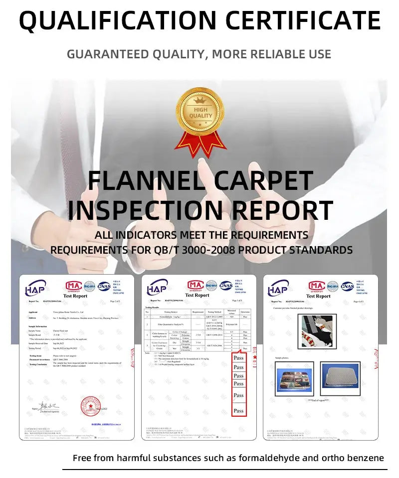 Qualification certificate page showing flannel carpet inspection report and three test reports