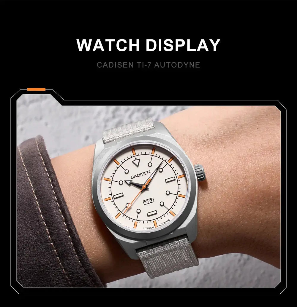 CADISEN TI-7 Autodyne wristwatch with titanium-steel case, white dial, orange markers, and gray canvas strap