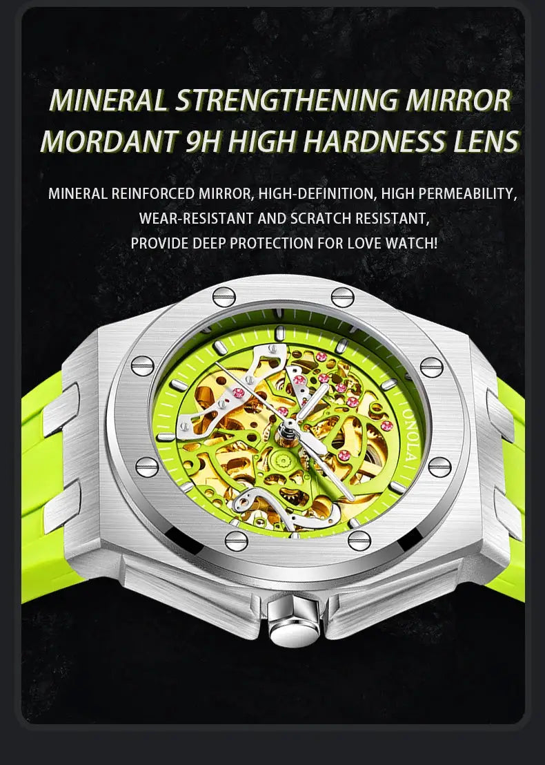 ONOLA luxury sports men's skeleton mechanical watch with neon green strap and stainless steel case