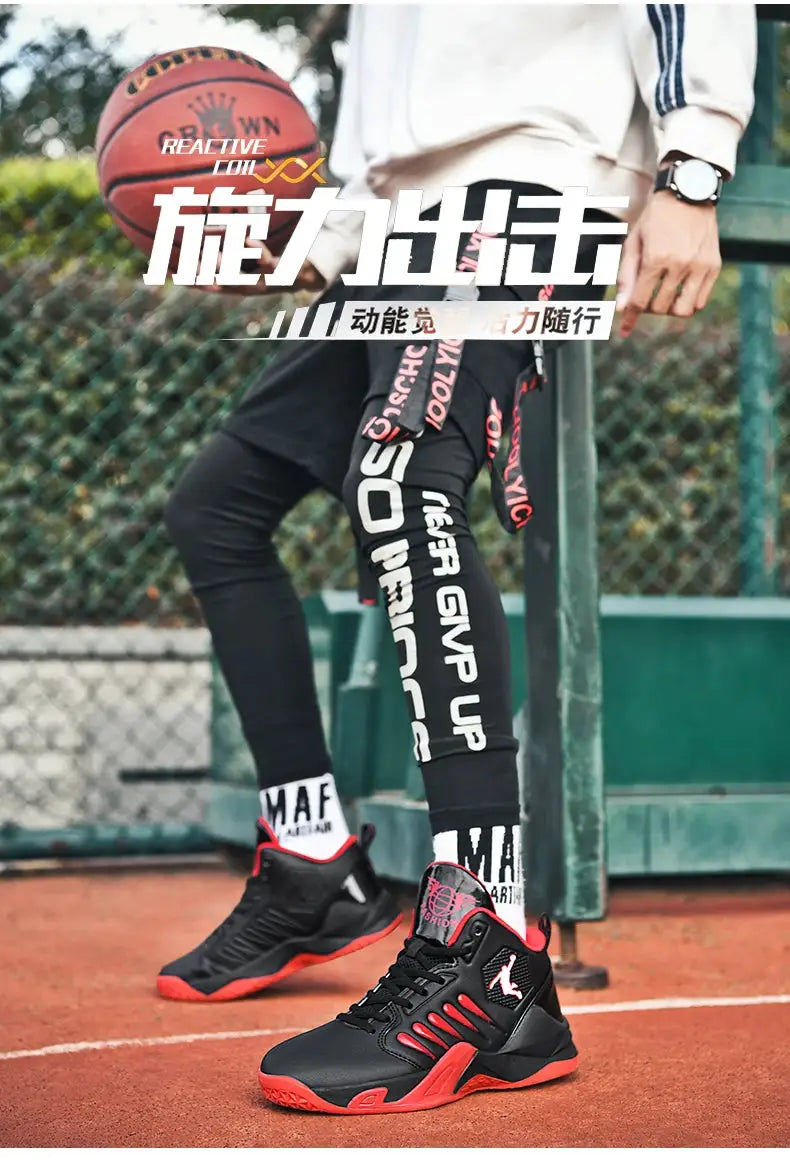 Men's sneakers in breathable black with red accents and a bold red outsole