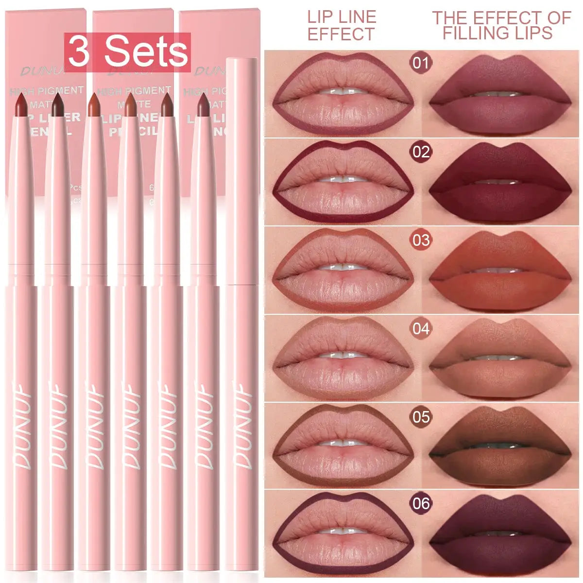 LuxeLips Six Piece Lip Liner Pen Set Long Lasting Waterproof Sweatproof Color Rendering for Precise Definition