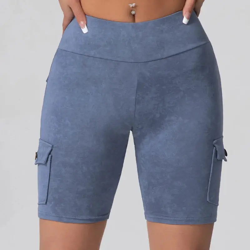 Women's cargo-pocket leggings in blue-gray washed-print, high-waist athletic tights