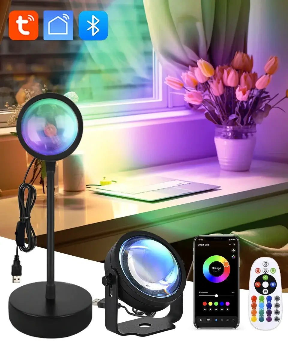 Smart Sunset Lamp on stand with multicolor RGB projector, USB power, remote and app control