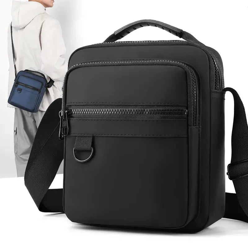 Simples Market messenger sling bags, black and blue compact crossbody with front zip pockets (2 bags shown)