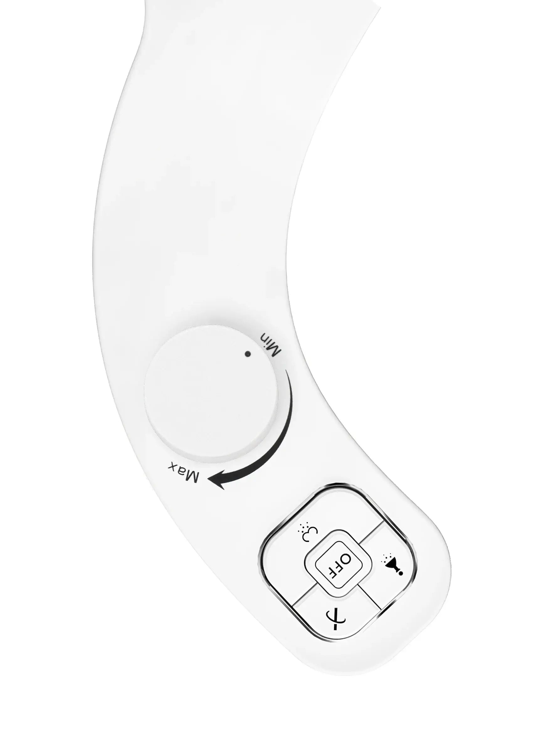 SAMODRA non-electric bidet attachment, white toilet-seat accessory with control dial showing OFF and MAX