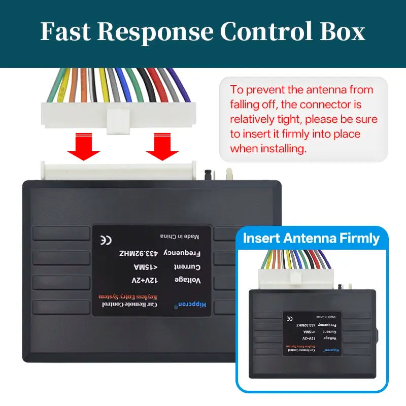 Car remote central locking kit with alarm system, black control box and multi-color wiring harness