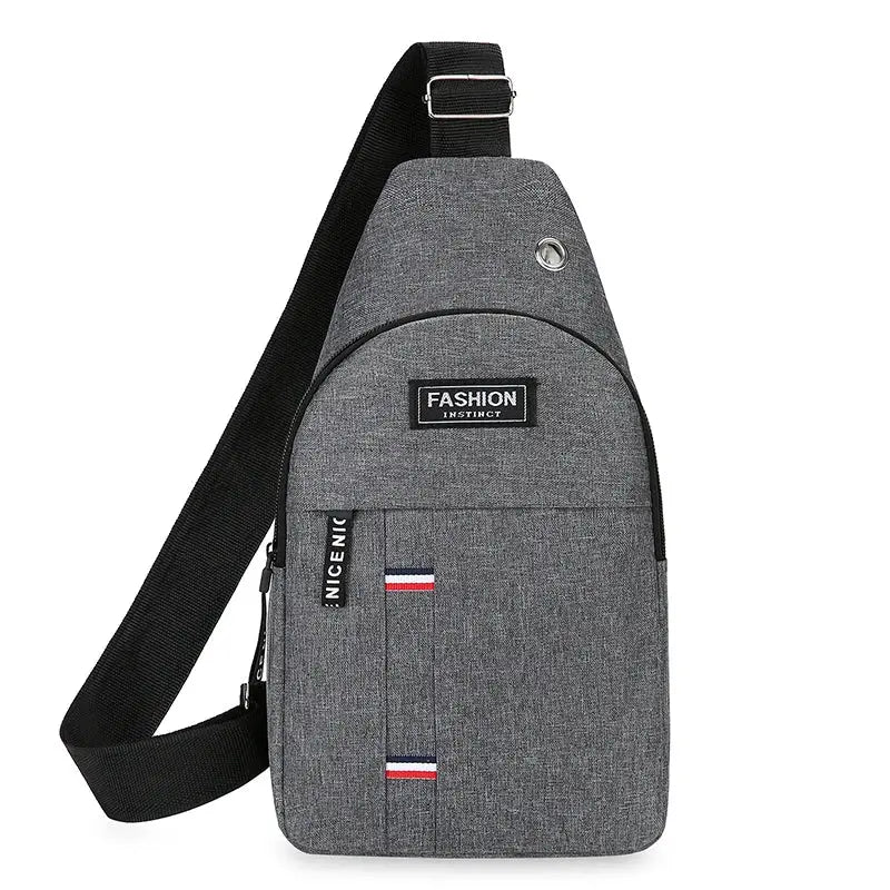 Chest bag crossbody sling, grey fabric, adjustable black strap, large-capacity, Fashion Instinct patch