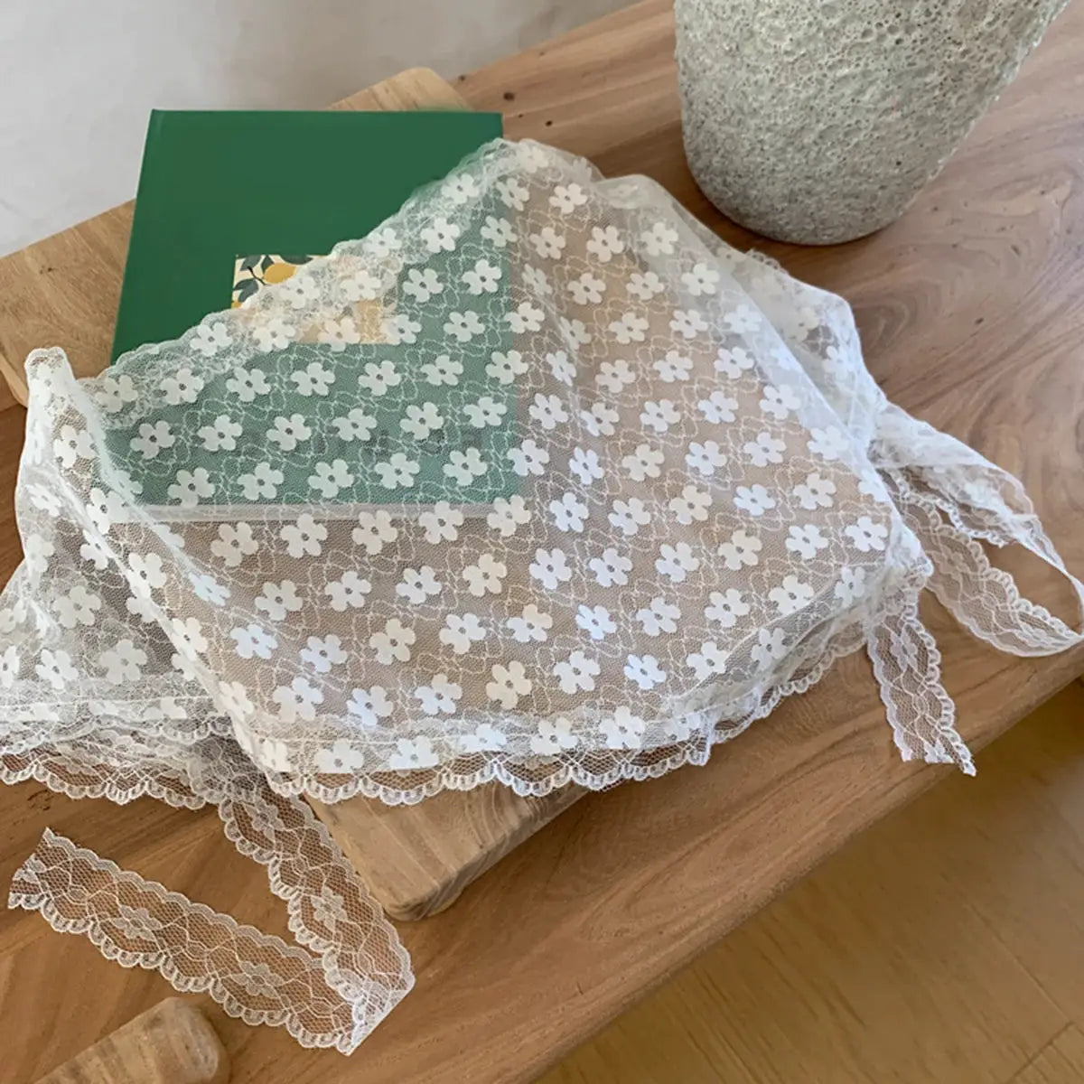 White Lace Triangle Scarf for Women Elegant Floral Ribbon Style Breathable Polyester Cotton Blend Travel Accessory