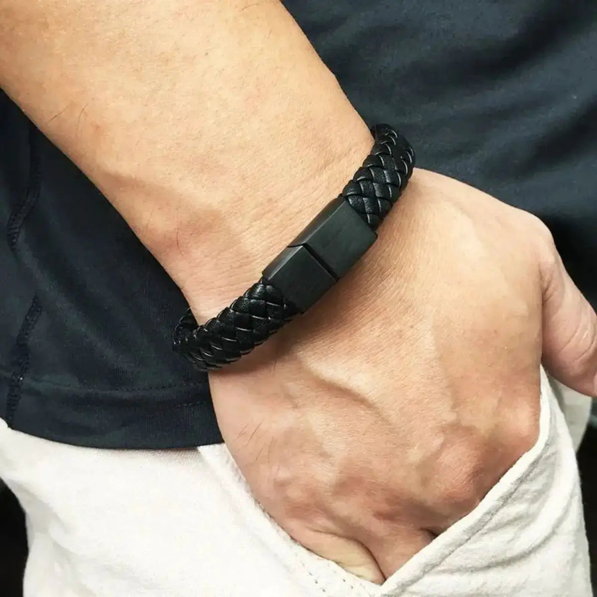 Retro Men's Leather Open Bangle With Woven Design Multi Size Bracelet Outdoor Gift