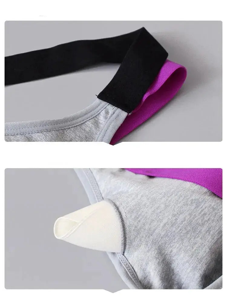 Color-blocked cross-back sports bra by Simples Market, grey body with black and magenta straps, padded cups