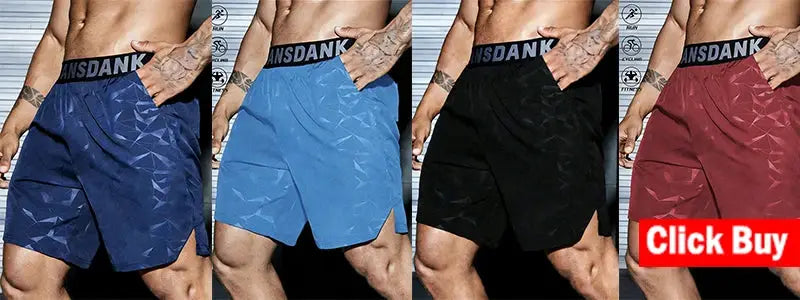 Set of four men's running shorts by Simples Market in navy, light blue, black, and burgundy with elastic waistbands.