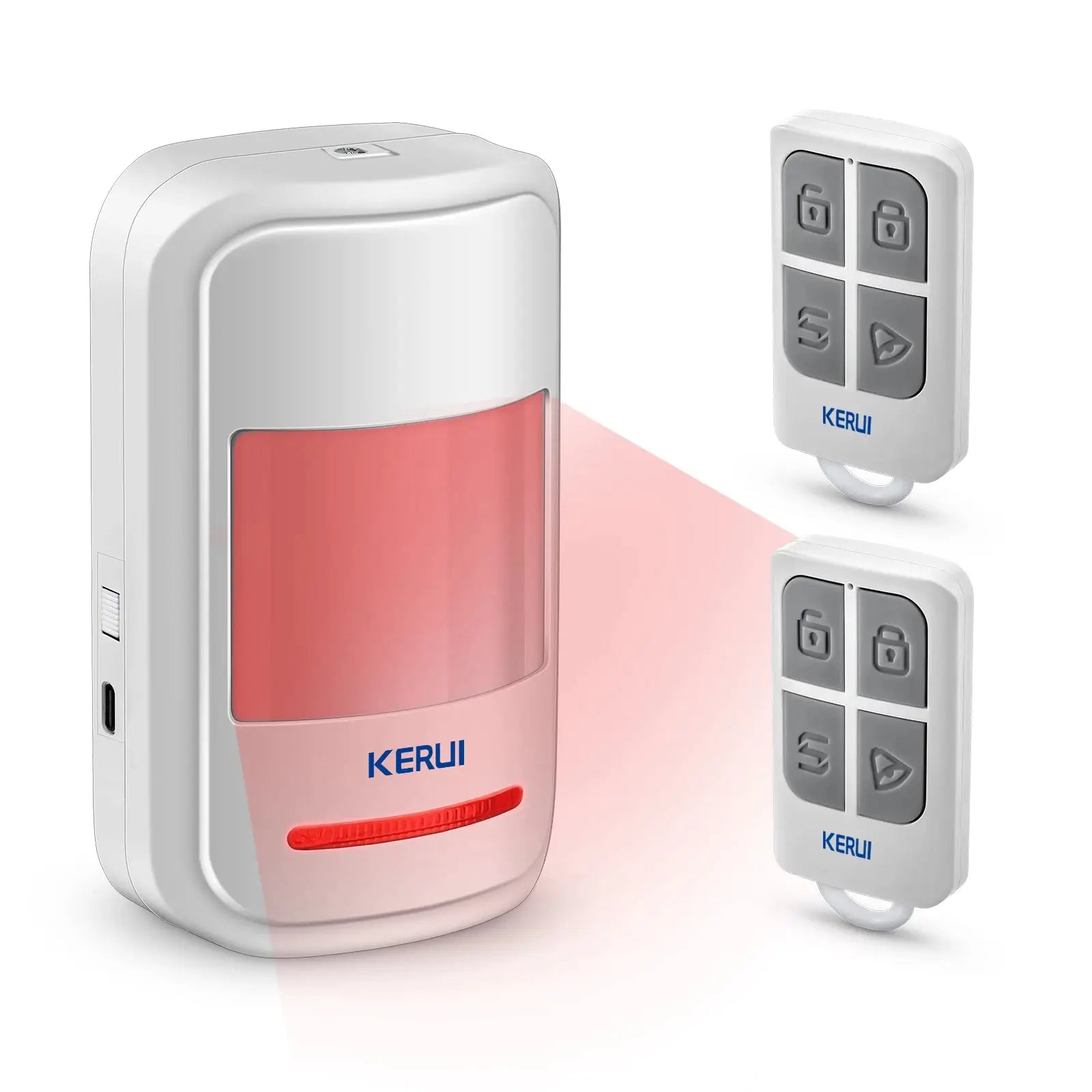 KERUI HW19 PIR motion sensor alarm with remote controls; white device with red status indicator and 4-button remotes