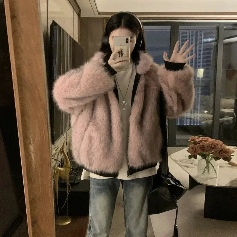 LuxeFur Double Sided Imitation Mink Fur Hooded Coat For Women With Plush Cotton Padding For Warmth