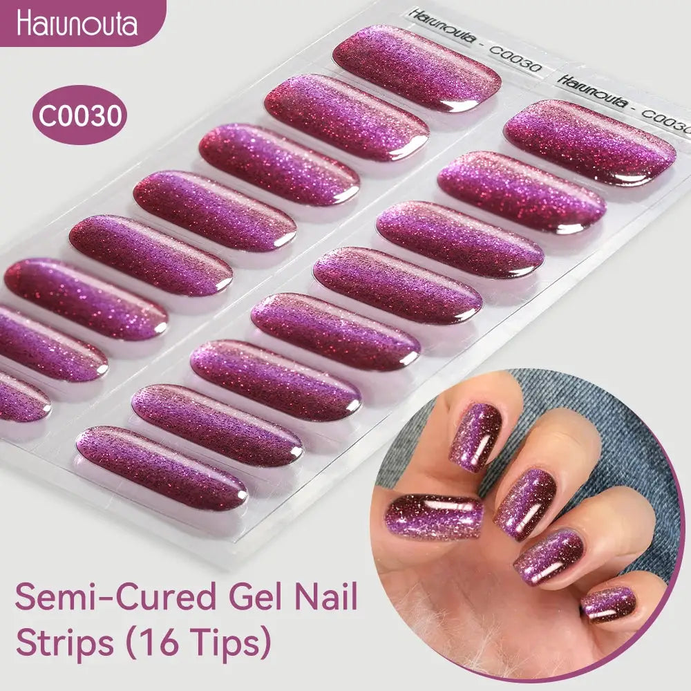 Gel nail strips by Harunouta, gradient purple-pink glitter, 16 tips, UV/LED compatible.